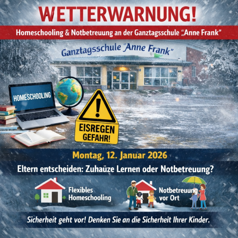 Glatteis-Gefahr am Montag: Ganztagsschule „Anne Frank“ bietet Homeschooling an