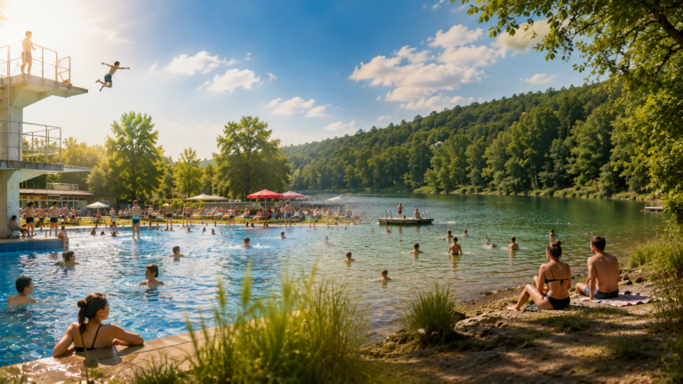 „Sommerliche Badeszene mit fließendem Übergang zwischen einem Freibad und einem natürlichen Waldsee. Links baden und entspannen Menschen in einem allgemeinen Freibad mit Sprungturm, rechts schwimmen und sitzen Besucher an einem ruhigen, von Bäumen umgebenen Seeufer. Sonniges Wetter mit blauem Himmel und entspannter Freizeitstimmung.