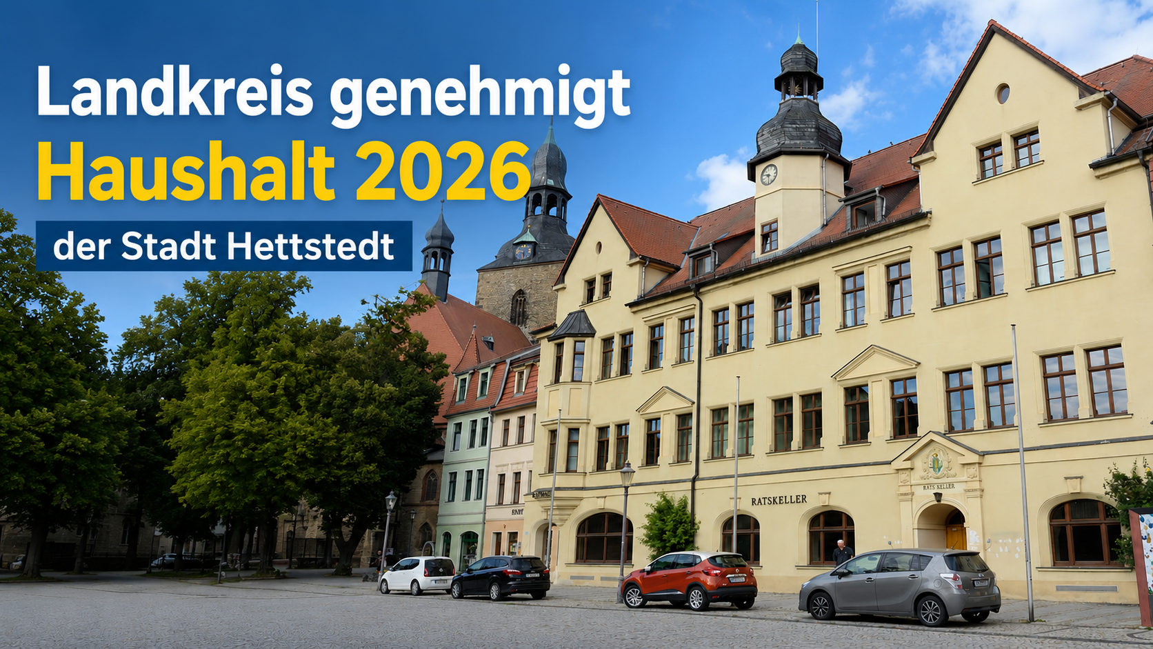 Nachrichtengrafik: Der Landkreis genehmigt den Haushalt 2026 der Stadt Hettstedt. Im Hintergrund ist das Rathaus von Hettstedt zu sehen.