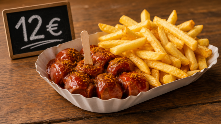 „Eine Currywurst mit Pommes liegt in einer klassischen weißen Pappeschale auf einem rustikalen Holztisch. Die Wurst ist in Stücke geschnitten und mit roter Currysauce sowie Currypulver bedeckt. Daneben liegen goldgelbe Pommes frites. Im Hintergrund steht eine kleine Tafel mit der Aufschrift ‚12 €‘.