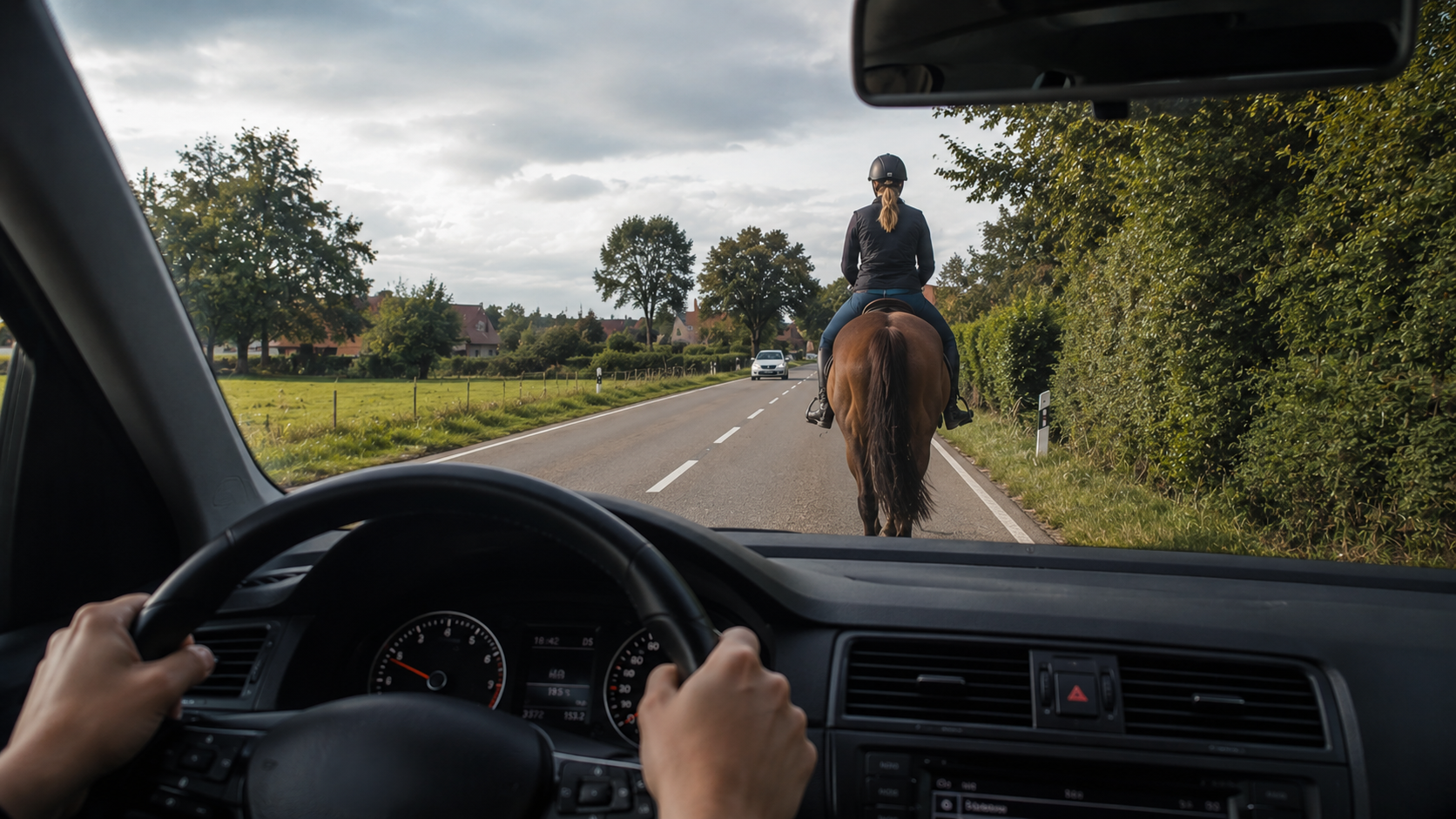 Perspektive aus einem Auto auf eine schmale Landstraße in einem Dorf: Direkt vor dem Fahrzeug reitet eine einzelne Person auf einem braunen Pferd. Da Gegenverkehr kommt und die Straße durch Hecken begrenzt ist, wird die Herausforderung deutlich, den nötigen Sicherheitsabstand beim Überholen einzuhalten.