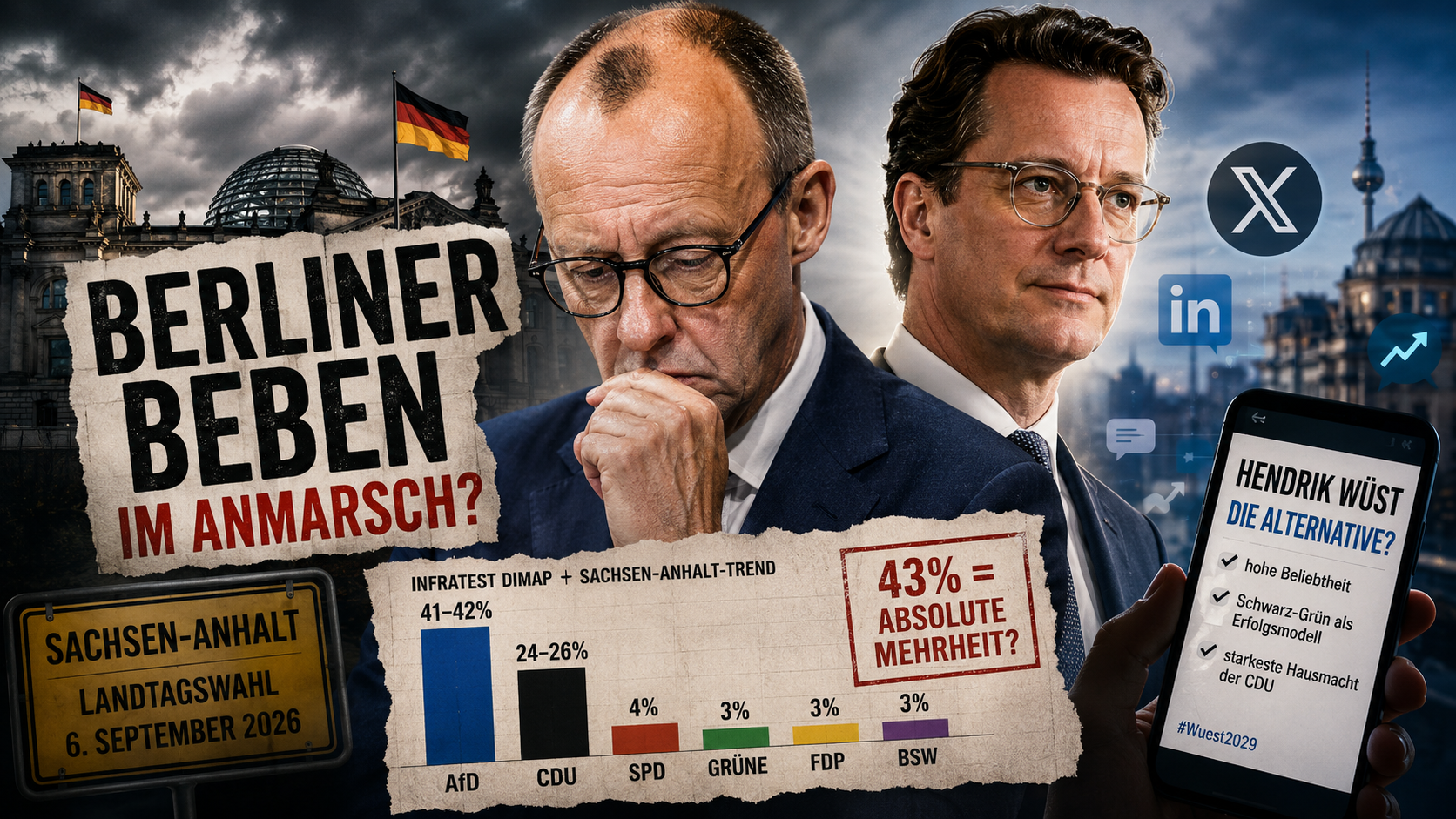 Dramatisch gestaltetes Nachrichtenbild zur politischen Lage vor der Landtagswahl 2026 in Sachsen-Anhalt. Im Mittelpunkt stehen zwei Politiker in dunklen Anzügen: links ein nachdenklich wirkender Mann mit gesenktem Blick vor dem Reichstagsgebäude unter dunklen Gewitterwolken, rechts ein selbstbewusst blickender Politiker vor einer modernen Stadtkulisse. Große Schlagzeile: ‚Berliner Beben im Anmarsch?‘. Im Vordergrund ein Diagramm mit Umfragewerten zur Landtagswahl in Sachsen-Anhalt sowie ein Warnhinweis zur möglichen absoluten Mehrheit der AfD. Rechts ist ein Smartphone mit der Aufschrift ‚Hendrik Wüst – Die Alternative?‘ zu sehen, daneben Symbole sozialer Netzwerke.