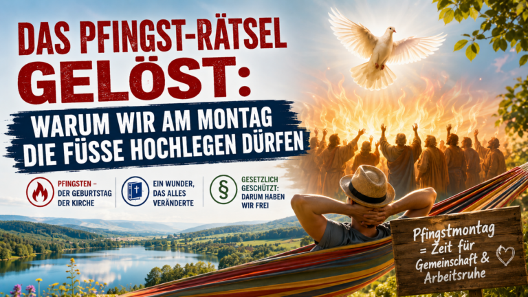 Illustration im Format 16:9 zum Thema Pfingsten: Links große rote und weiße Überschrift „Das Pfingst-Rätsel gelöst: Warum wir am Montag die Füße hochlegen dürfen“ mit kleinen Symbolen und kurzen Erklärtexten zu Kirche, Wunder und gesetzlichem Feiertag. Rechts eine symbolische Pfingstszene mit Menschen in Gewändern vor Flammen und einer weißen Taube am Himmel. Im Vordergrund entspannt eine Person in einer bunten Hängematte mit Strohhut. Im Hintergrund statt einer Stadtansicht eine weite grüne Landschaft mit See, Hügeln und sonnigem Frühlingswetter. Unten rechts ein Holzschild mit der Aufschrift „Pfingstmontag = Zeit für Gemeinschaft & Arbeitsruhe“.