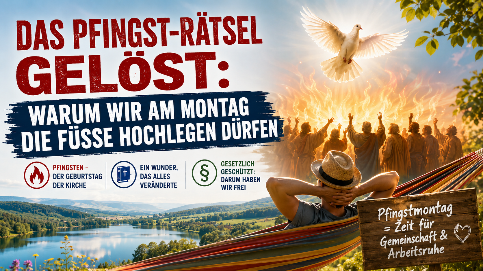 Illustration im Format 16:9 zum Thema Pfingsten: Links große rote und weiße Überschrift „Das Pfingst-Rätsel gelöst: Warum wir am Montag die Füße hochlegen dürfen“ mit kleinen Symbolen und kurzen Erklärtexten zu Kirche, Wunder und gesetzlichem Feiertag. Rechts eine symbolische Pfingstszene mit Menschen in Gewändern vor Flammen und einer weißen Taube am Himmel. Im Vordergrund entspannt eine Person in einer bunten Hängematte mit Strohhut. Im Hintergrund statt einer Stadtansicht eine weite grüne Landschaft mit See, Hügeln und sonnigem Frühlingswetter. Unten rechts ein Holzschild mit der Aufschrift „Pfingstmontag = Zeit für Gemeinschaft & Arbeitsruhe“.