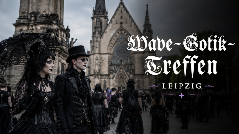 Dunkel inszeniertes Artikelbild zum Wave-Gotik-Treffen in Leipzig: Im Vordergrund stehen zwei schwarz gekleidete Besucher im Gothic-Stil – eine Frau mit schwarzem Spitzen-Sonnenschirm und viktorianischem Kleid sowie ein Mann mit Zylinder und dunkler Kleidung. Im Hintergrund sind weitere Festivalgäste vor einer großen historischen Kirche in Leipzig zu sehen. Der Himmel wirkt dramatisch und düster. Rechts im Bild steht in großer gotischer Schrift „Wave-Gotik-Treffen – Leipzig“.