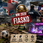 Fotomontage im Format 16:9 zur Kritik an der Fußball-Weltmeisterschaft 2026. Im Zentrum steht die WM-Trophäe mit einem großen roten Stempel „FIASKO“ vor einer Karte von USA, Kanada und Mexiko. Links ist ein beschädigter Fußballrasen in einem Stadion zu sehen, auf dem Arbeiter Rollrasen verlegen. Rechts zeigt eine Grenzkontrolle mit dem Hinweis „Entry Denied“, daneben ein Schild, das auf die Problematik grenzüberschreitender Reisen zwischen Spielorten verweist. Unten rechts erinnert eine große Bühnenshow mit Lichteffekten an eine Super-Bowl-Halbzeitshow. Mehrere plakative Schlagzeilen kritisieren Rasenprobleme, Grenzchaos, Kommerzialisierung, hohe Kosten und den Verlust des sportlichen Gedankens. Dunkle Wolken und dramatische Kontraste erzeugen eine düstere, kritische Stimmung.
