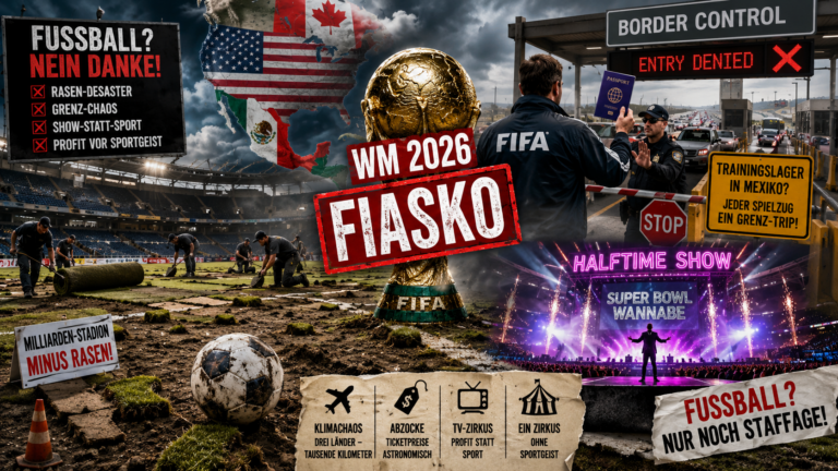 Fotomontage im Format 16:9 zur Kritik an der Fußball-Weltmeisterschaft 2026. Im Zentrum steht die WM-Trophäe mit einem großen roten Stempel „FIASKO“ vor einer Karte von USA, Kanada und Mexiko. Links ist ein beschädigter Fußballrasen in einem Stadion zu sehen, auf dem Arbeiter Rollrasen verlegen. Rechts zeigt eine Grenzkontrolle mit dem Hinweis „Entry Denied“, daneben ein Schild, das auf die Problematik grenzüberschreitender Reisen zwischen Spielorten verweist. Unten rechts erinnert eine große Bühnenshow mit Lichteffekten an eine Super-Bowl-Halbzeitshow. Mehrere plakative Schlagzeilen kritisieren Rasenprobleme, Grenzchaos, Kommerzialisierung, hohe Kosten und den Verlust des sportlichen Gedankens. Dunkle Wolken und dramatische Kontraste erzeugen eine düstere, kritische Stimmung.