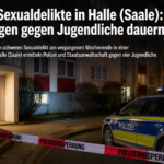 Nächtliche Aufnahme eines Mehrfamilienhauses in einer Wohngegend. Vor dem Gebäude steht ein Polizeifahrzeug hinter rot-weißem Absperrband mit der Aufschrift „Polizeiab­sperrung“. Das Bild ist als Nachrichten-Grafik gestaltet und trägt die Überschrift „Schwere Sexualdelikte in Halle (Saale): Ermittlungen gegen Jugendliche dauern an“. Die Szene vermittelt eine laufende polizeiliche Ermittlung, ohne Personen oder Betroffene zu zeigen.