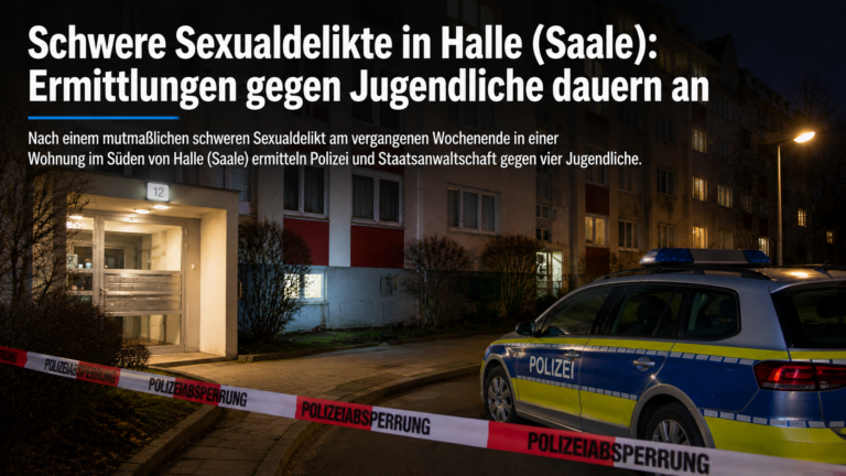 Nächtliche Aufnahme eines Mehrfamilienhauses in einer Wohngegend. Vor dem Gebäude steht ein Polizeifahrzeug hinter rot-weißem Absperrband mit der Aufschrift „Polizeiab­sperrung“. Das Bild ist als Nachrichten-Grafik gestaltet und trägt die Überschrift „Schwere Sexualdelikte in Halle (Saale): Ermittlungen gegen Jugendliche dauern an“. Die Szene vermittelt eine laufende polizeiliche Ermittlung, ohne Personen oder Betroffene zu zeigen.