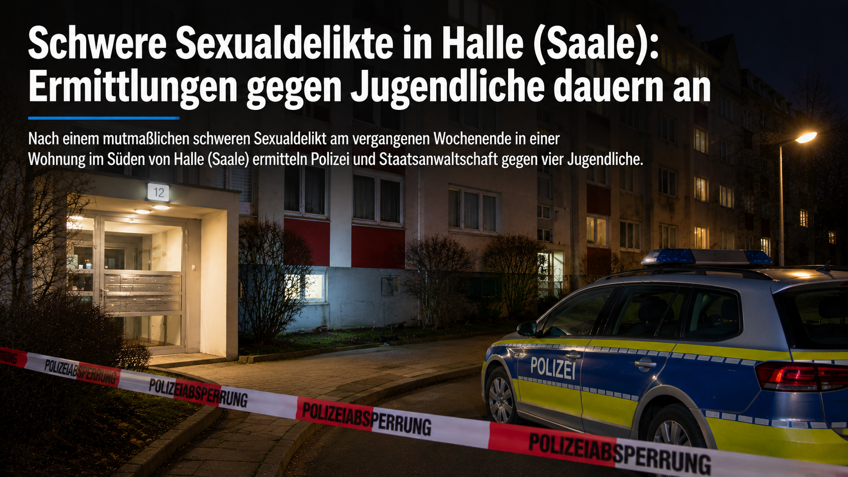 Nächtliche Aufnahme eines Mehrfamilienhauses in einer Wohngegend. Vor dem Gebäude steht ein Polizeifahrzeug hinter rot-weißem Absperrband mit der Aufschrift „Polizeiab­sperrung“. Das Bild ist als Nachrichten-Grafik gestaltet und trägt die Überschrift „Schwere Sexualdelikte in Halle (Saale): Ermittlungen gegen Jugendliche dauern an“. Die Szene vermittelt eine laufende polizeiliche Ermittlung, ohne Personen oder Betroffene zu zeigen.
