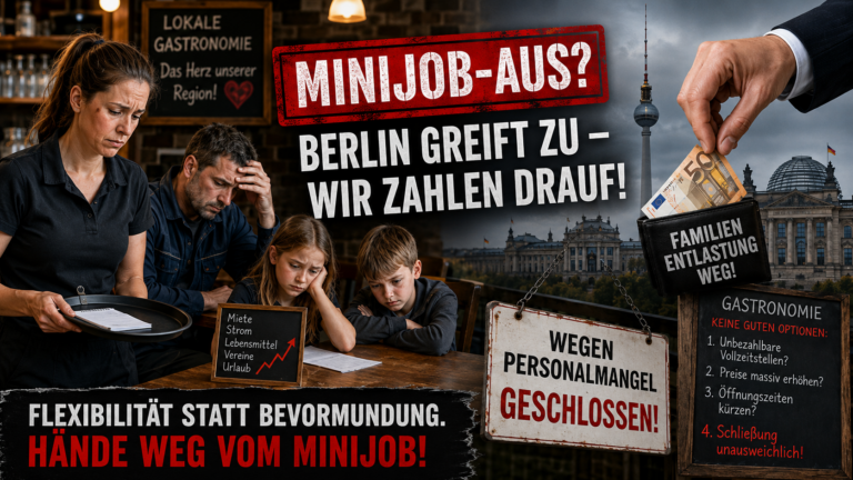 Collageartiges Artikelbild zum Thema Minijob-Reform. Links sitzt eine besorgt wirkende Familie in einem Restaurant: Eine Frau in Arbeitskleidung hält ein Serviertablett, ein Mann stützt nachdenklich den Kopf in die Hand, zwei Kinder sitzen bedrückt am Tisch. Vor ihnen steht eine kleine Tafel mit steigenden Lebenshaltungskosten wie Miete, Strom, Lebensmittel und Vereinsbeiträge. Im Hintergrund ist ein Schild mit dem Hinweis auf die lokale Gastronomie zu sehen. In der Bildmitte befindet sich die große Schlagzeile „Minijob-Aus? Berlin greift zu – wir zahlen drauf!“. Rechts ist die Silhouette von Berlin mit Reichstagsgebäude und Fernsehturm dargestellt. Eine Hand zieht einen Geldschein aus einer Geldbörse mit der Aufschrift „Familienentlastung weg!“. Darunter hängt ein Schild mit der Aufschrift „Wegen Personalmangel geschlossen!“. Daneben listet eine Tafel mögliche Folgen für die Gastronomie auf, darunter höhere Preise, Personalmangel und Betriebsschließungen. Am unteren Bildrand steht der Slogan: „Flexibilität statt Bevormundung. Hände weg vom Minijob!“. Das Bild vermittelt die Sorge vor finanziellen Belastungen für Familien und wirtschaftlichen Problemen für die Gastronomie durch geplante Änderungen bei Minijobs.