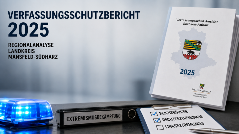 Titelgrafik zum Verfassungsschutzbericht 2025 für den Landkreis Mansfeld-Südharz. Auf einem neutralen, unscharfen Hintergrund stehen auf einer dunklen Tischfläche ein blaues Polizeilicht, ein Aktenordner mit der Beschriftung „Extremismusbekämpfung“ sowie eine Checkliste mit den Punkten „Reichsbürger“, „Rechtsextremismus“ und „Linksextremismus“. Rechts ist ein Stapel von Berichtsheften mit der Aufschrift „Verfassungsschutzbericht Sachsen-Anhalt 2025“ abgebildet. Links steht groß der Titel „Verfassungsschutzbericht 2025 – Regionalanalyse Landkreis Mansfeld-Südharz“. Die Darstellung vermittelt den Charakter einer sachlichen behördlichen Analyse zu sicherheitsrelevanten Entwicklungen in der Region.