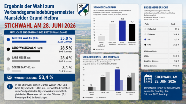 Infografik zur Wahl des Verbandsgemeindebürgermeisters in Mansfelder Grund-Helbra. Große Überschrift mit Hinweis auf die Stichwahl am 28. Juni 2026. Links sind die Ergebnisse des ersten Wahlgangs dargestellt: Gunter Wakan (AfD) erreicht 35,0 Prozent und 2.224 Stimmen, Gerd Wyszkowski (CDU) 28,5 Prozent und 1.808 Stimmen, Lars Hesse (Einzelbewerber) 28,4 Prozent und 1.805 Stimmen sowie Sören Barthel (Einzelbewerber) 8,1 Prozent und 514 Stimmen. Die Wahlbeteiligung beträgt 53,4 Prozent. Rechts zeigen eingebundene Diagramme und Tabellen die Wahlergebnisse sowie den Vergleich zwischen Urnen- und Briefwahl. Ein hervorgehobener Hinweis informiert über die Stichwahl zwischen Gunter Wakan und Gerd Wyszkowski am 28. Juni 2026. Im Hintergrund ist eine Luftaufnahme der Verbandsgemeinde zu sehen, oben befindet sich das Wappen der Verbandsgemeinde Mansfelder Grund-Helbra.