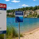 Ein großes Hinweisschild mit Baderegeln steht am Ufer eines Badesees. Darauf sind Warnsymbole und Hinweise zu Schwimmzonen, steilen Abbruchkanten, Aufsichtspflicht für Kinder sowie Sprungverboten zu sehen. Daneben informiert ein weiteres Schild über Wassertiefen von bis zu 13 Metern. Im Hintergrund erstrecken sich ein Sandstrand, das klare Wasser des Sees und bewaldete Felsformationen bei sonnigem Wetter.