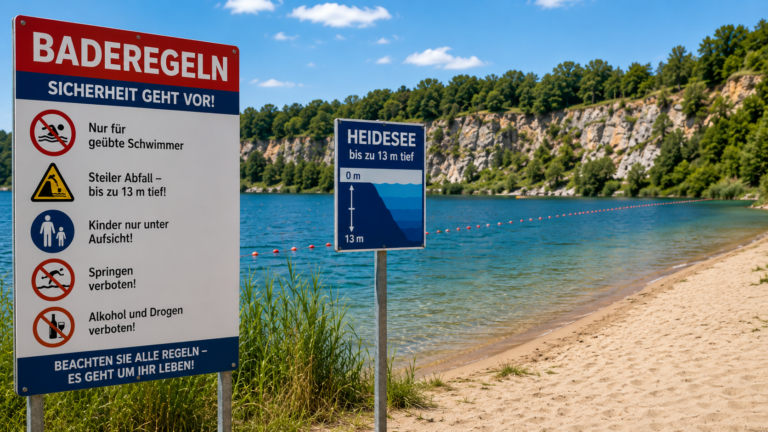 Ein großes Hinweisschild mit Baderegeln steht am Ufer eines Badesees. Darauf sind Warnsymbole und Hinweise zu Schwimmzonen, steilen Abbruchkanten, Aufsichtspflicht für Kinder sowie Sprungverboten zu sehen. Daneben informiert ein weiteres Schild über Wassertiefen von bis zu 13 Metern. Im Hintergrund erstrecken sich ein Sandstrand, das klare Wasser des Sees und bewaldete Felsformationen bei sonnigem Wetter.