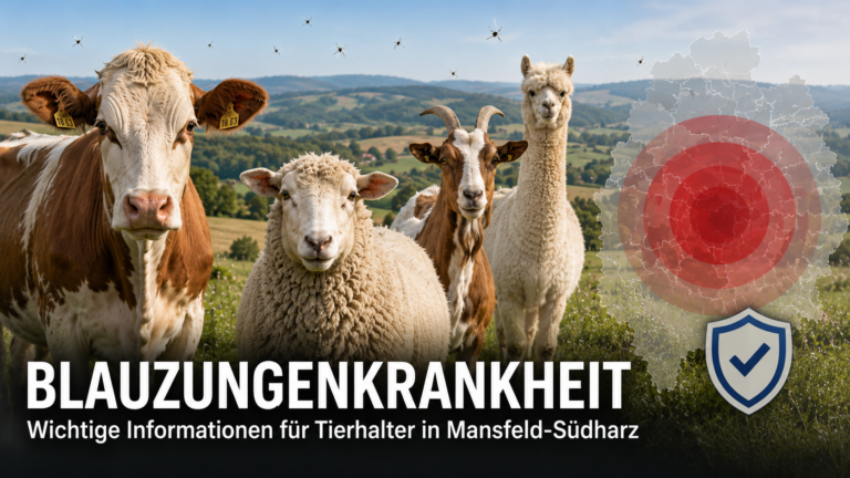 Auf einer grünen Weide stehen vier Nutztiere im Vordergrund: ein Rind, ein Schaf, eine Ziege und ein Alpaka. Im Hintergrund erstreckt sich eine hügelige Landschaft mit Feldern und Wäldern. Über dem rechten Bildbereich liegt eine halbtransparente Karte mit roten Kreisen als Symbol für eine Restriktionszone. Mehrere kleine Mücken sind am Himmel angedeutet. Unten im Bild steht in großer weißer Schrift „Blauzungenkrankheit“, darunter „Wichtige Informationen für Tierhalter in Mansfeld-Südharz“. Ein Schildsymbol mit Häkchen verweist auf Schutz- und Vorsorgemaßnahmen für Tierhalter. Das Bild vermittelt sachlich Informationen zur Tiergesundheit und zur Ausbreitung der Blauzungenkrankheit.