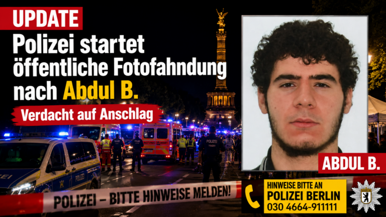 Breaking-News-Grafik im Format 16:9: Im Hintergrund ist nachts ein großer Polizei- und Rettungseinsatz im Bereich der Berliner Siegessäule mit Blaulicht, Einsatzfahrzeugen und Absperrungen zu sehen. Rechts befindet sich ein Porträtfoto eines Mannes in einem weißen Rahmen. Links steht in großer Schrift: „UPDATE – Polizei startet öffentliche Fotofahndung nach Abdul B. – Verdacht auf Anschlag“. Die Gestaltung erinnert an eine Nachrichtengrafik mit roten und weißen Hervorhebungen sowie einem Hinweis auf die Polizei Berlin. Die Grafik informiert über eine öffentliche Fahndung im Zusammenhang mit dem Vorfall beim Berliner CSD.