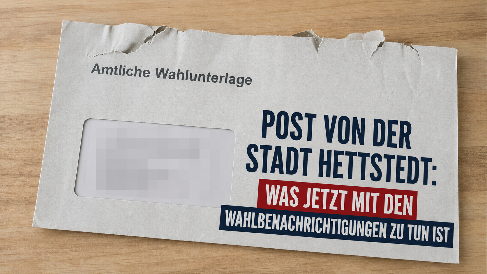 Amtliche Wahlunterlage der Stadt Hettstedt auf einem Holztisch. Das Adressfeld ist aus Datenschutzgründen verpixelt. Daneben steht: ‚Post von der Stadt Hettstedt: Was jetzt mit den Wahlbenachrichtigungen zu tun ist‘.